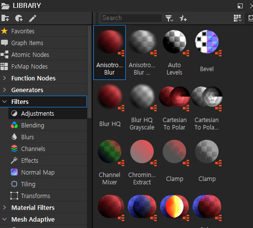 LIBRARY 
Favorites 
Graph Items 
Atomic Nodes 
• FxMap Nodes 
Function Nodes 
Generators 
Filters 
Adjustments 
Blending 
Blurs 
Channels 
Effects 
Normal Map 
El Tiling 
Transforms 
Material Filters 
Mesh Adaptive 
Anisotrom 
Blur 
Anisotro... 
Blur 
Auto 
Bevel 
Levels 
Cartesian Cartesian 
To Polar To Pola... 
Blur HQ 
Blur HQ 
Grayscale 
Channel Chromin... 
M ixer 
Clamp 
Clamp 