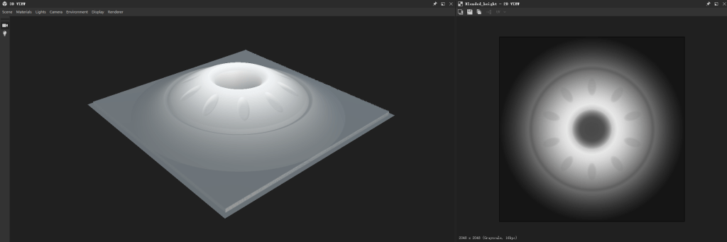$ 3D VIE' 
Scene Materials 
BI end ed_he. 
• ght 
Lights 
Camera 
Environment 
Display 
Re nderer 
2048 
x 2048 (Gr ysc 
- 2D VIE' 
16bpc) 