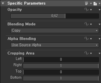 Specific Parameters 
Opacity 
Blending Mode 
Alpha Blending 
use Source Alpha 
Cropping Area 
Top 
Bottom 
O. 62 