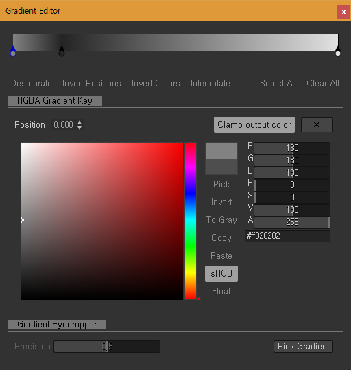 Gradient Editor 
Desaturate Invert Positions 
RG8A Gradient Key 
Position: 
Gradient Eyedropper 
Invert Colors 
Interpolate 
Clamp output color 
To Gray 
Copy 
#ff828282 
Pick Gradient 